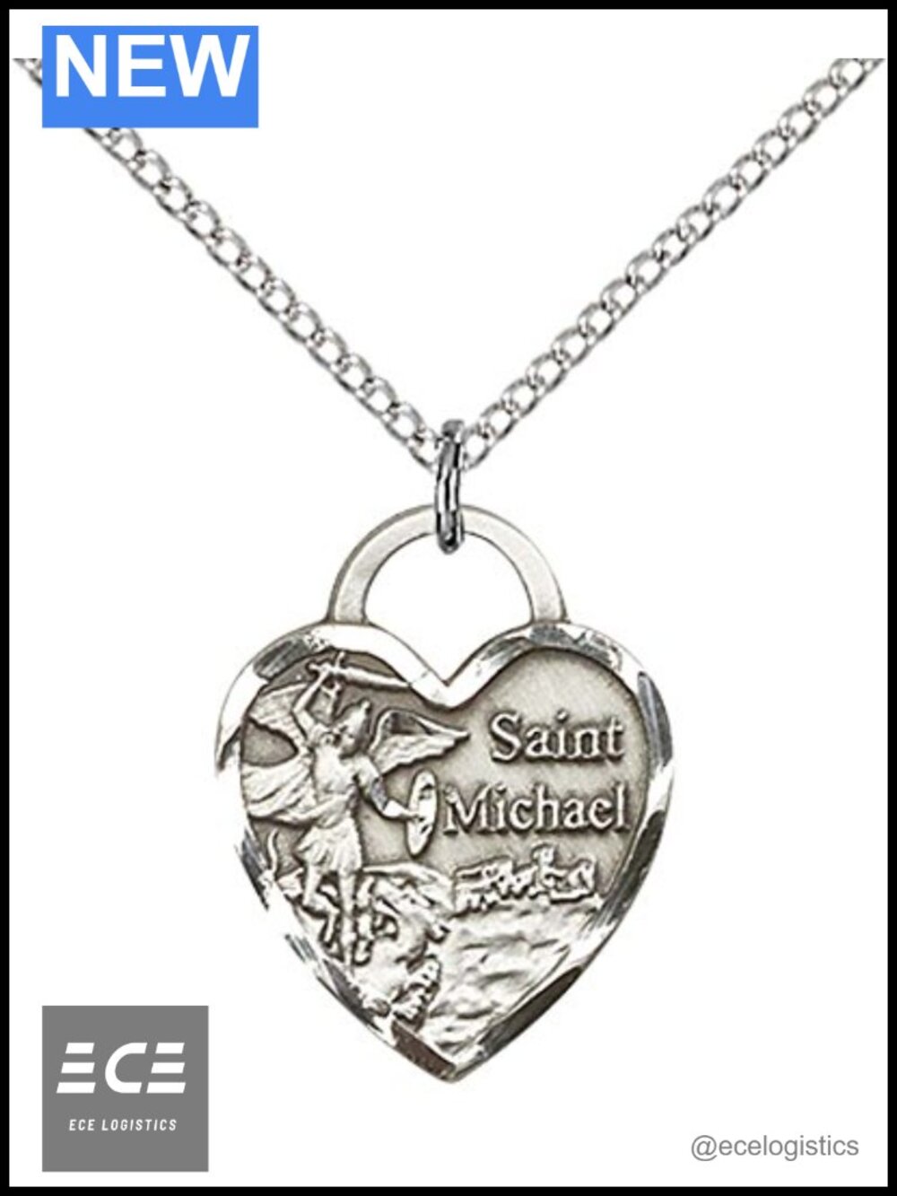 Sterling Silver St. Michael Archangel Pendant Necklace 18" Curb Chain